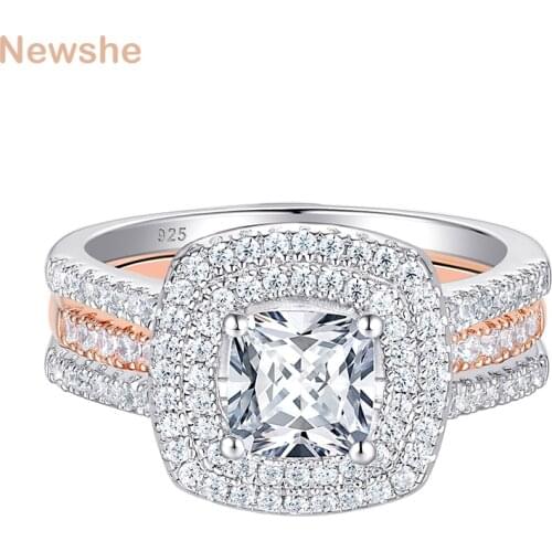 Newshe Halo Cushion Cut Bridal Set Solid 925 Sterling Silver Plug-in Rose Gold Wedding Ring For Women Brilliant Cz