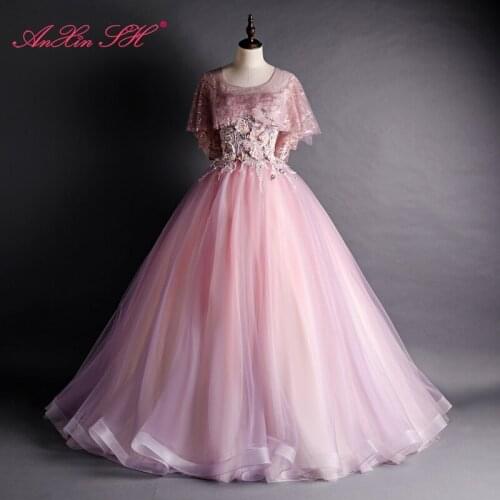 AnXin SH vintage princess pink lace sparkly o neck rose flower beading crystal ruffles batwing sleeve bride evening dress