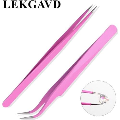 2PCS or 1PC Profession Stainless Eyebrow Tweezer Steel Pink Straight + Bend Tweezer for Eyelash Extensions Nail Art Nippers