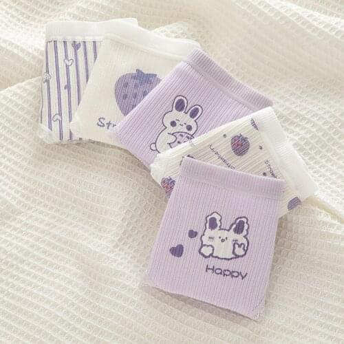 5pcs/lot High Quality Cute Purple Girl Cartoon Rabbit Thread Cotton Womens Briefs Strawberry Girl Student Mid-waist Panties