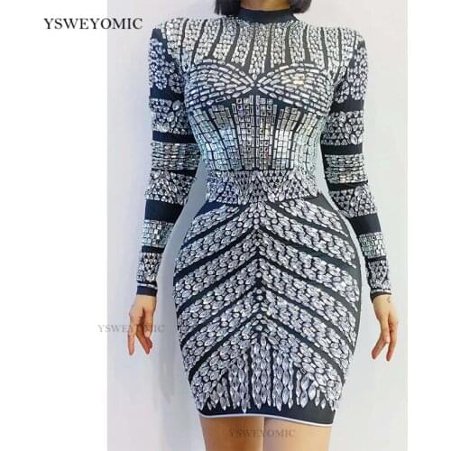 Shiny New Silver Rhinestones Big Elasticity Short Dress Womens Birthday Celebrate Outfit Dress Bar Evening Dancer Dress
