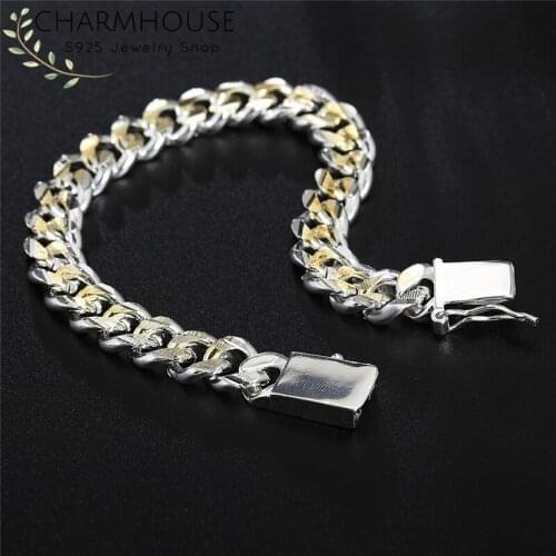 Charmhouse 925 Silver Bracelets For Man 10mm Gold/ Silver Chain Bracelet & Bangles Wristband Pulseira Homme Fashion Jewelry Gift