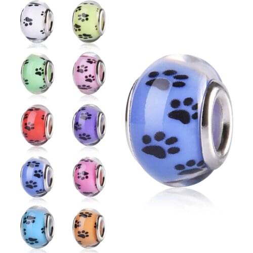 20Pcs Dog Paw Resin Murano Charms Large Hole Spacer Beads Fit Pandora Bracelet Bangle Snake Chain Necklace for Jewelry Making