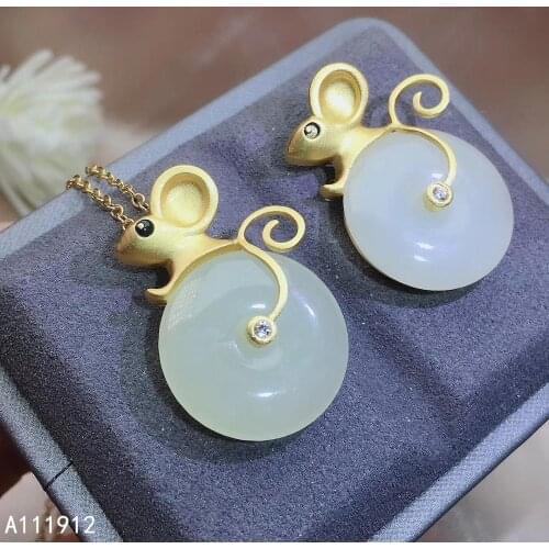 KJJEAXCMY fine jewelry natural white jade 925 sterling silver women mouse gemstone pendant necklace chain support test trendy