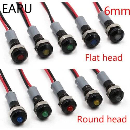Black Body 6mm Waterproof IP67 Metal LED Warning Indicator Light Signal Lamp Pilot Wire Roud Flat 5V 12V 24V 110V 220V Red Blue