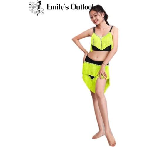 Fluorescence Two Piece Drum Solo Dance Costume With Tassel Sexy Women Bellydance Performance Show Wear Bra Short Skirt Set