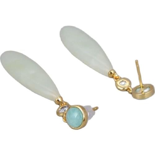 GG Jewelry Natural 2" Crystal Jades Teardrop Green Jades Amazonites Stud Earrings Ethnic Style For Women Lady Girl Gift Jewelry