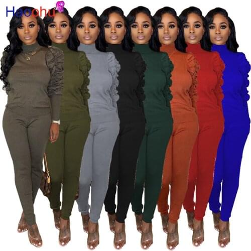 HAOOHU Winter Ruched Lantern Long Sleeve turtleneck Sweatshirt Casual Pants Women Tracksuit Fashion Casual Two Piece Set suit