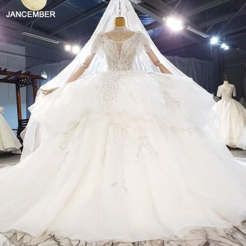 HTL2118 Short Sleeve Luxurious V-Neck Crystal Beading Sequined Wedding Dress 2021 For Woman Ball Gowns