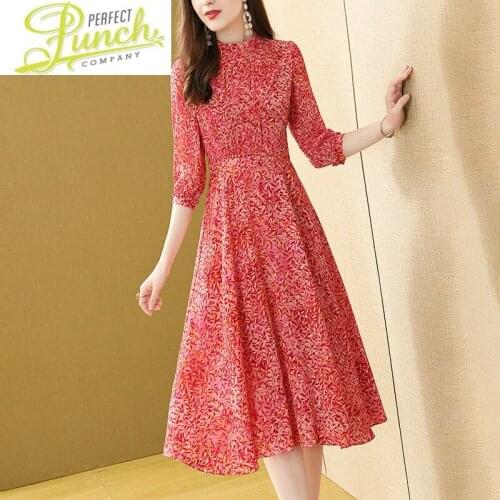 Red 100% Floral Silk Summer Dresses Midi Dress for Women Elegant Fashion 2021 Office Lady Vestidos 21792 Pph415