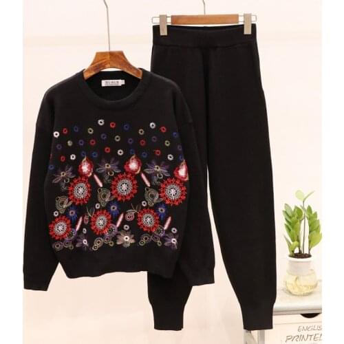 Fashion embroidery flowers knit suits female heavy industry embroidery woolen sweater + cashmere pants two pieces sets F183