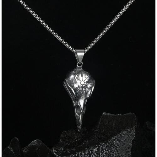 Mens 316L Stainless Steel Skull Necklace Nordic Viking Compass Crow Head Necklace Punk Style Men Women Chain Unisex Jewelry