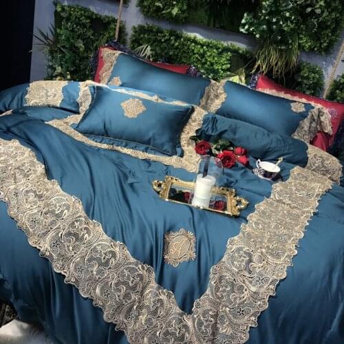 Luxury Embroidery blue Lace 4pcs set Egyptian cotton Wedding Bedding sets Queen King Duvet cover Bed sheet set Pillowcases