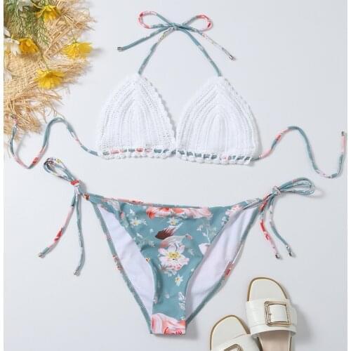 Sexy Bikini Set Bra White Knitting V Neck Bowknot Bandage High Waisted Swimsuits for Women Beachwear Bathing Suit Biquini Femme