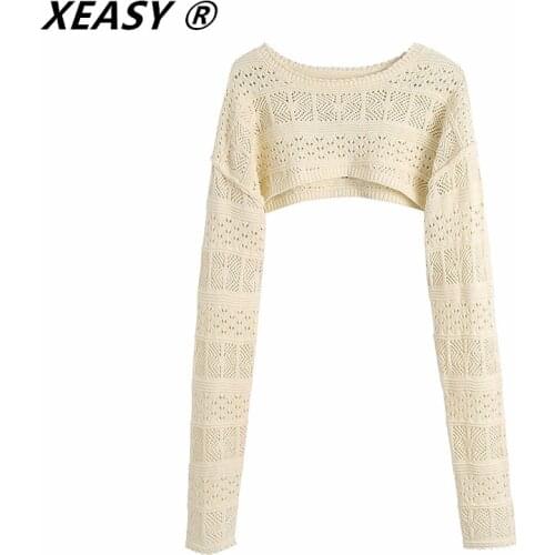 XEASY Women Hollow Knitted Sleeve Top Out Casual Long Sleeve T Shirt Chic Cut Out Sexy Fashion Super Short Knit Tee Shirt