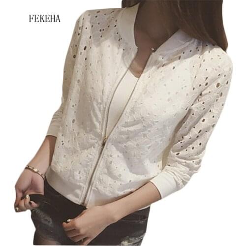 Bomber Jacket White Black Lace Sunscreen Cardigan Shirt Short Women AutumnThin Hollow Out Coat Female Casual Outwear