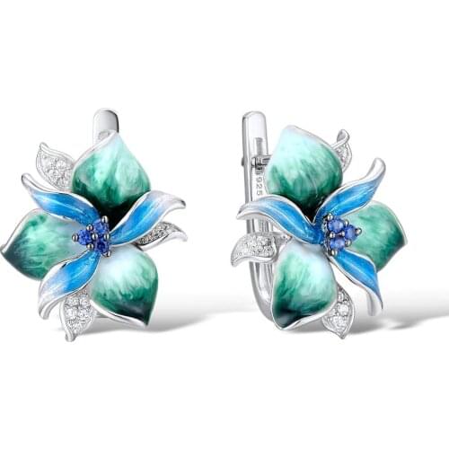 Women Trendy Jewelry Green Enamel Flower Silver Clip Earrings with AAA Zircon Stone Delicate Bohemia Wedding Engagement Earrings