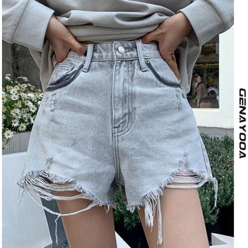 Genayooa Summer Jean Shorts Women High Waist Korean Style Ripped Jean Shorts For Women Streetwear Loose Tassel Hot Pants 2021