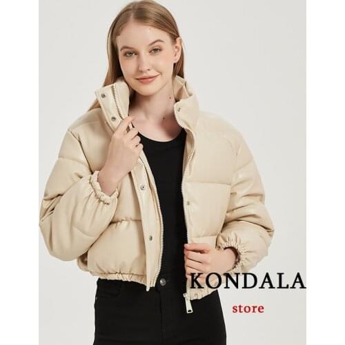 KONDALA Za 2021 Women Chic Beige PU Leather Thicken Coats Streetwear Winter Bubble Jacket Stylish Short Coats Women Warm Outwear