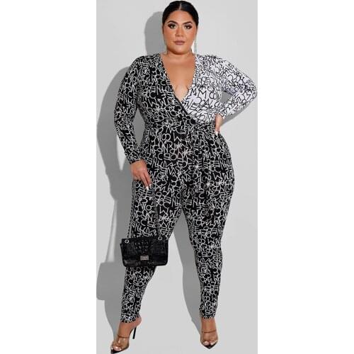 XL-4XL Plus Size Letter Print Skinny Jumpsuit for Women Deep V Neck Long Sleeve Bodycon Romper Streetwear Color Block Bodysuits
