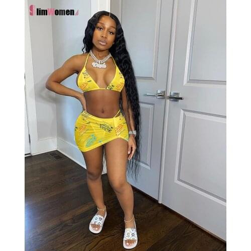 Women Sexy Letter Print Beach Swimsuit Bra Crop Top Mini Skirts Panties Suit Swim Sport Bikinis Set Bathing Suit Summer Outfits