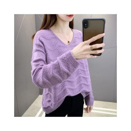 New Autumn Spring Basic Knitted Sweater For Women Casual V-neck Solid Female Pullovers Loose Jumpers 2021 Knitting Tops Hollow