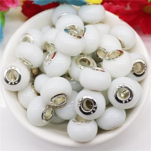 10Pcs White Color 16mm Big Hole Crystal Murano Glass Beads Charms Fit DIY Pandora Bracelet Pendant Charm Necklace Jewelry Making
