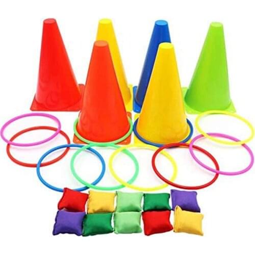 3 in 1 Ring Game Carnival Combo Set Soft Traffic Cone Bean Bags with Plastic Multicolor Throwing Circle Activity Rings