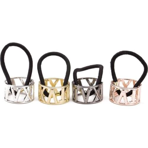 60pcs/lot Metal Pierced Letters Horsetail Buckle Punk Hair Bands Elasticity Rubber Band Hair Styling Tools Accessories HA1195