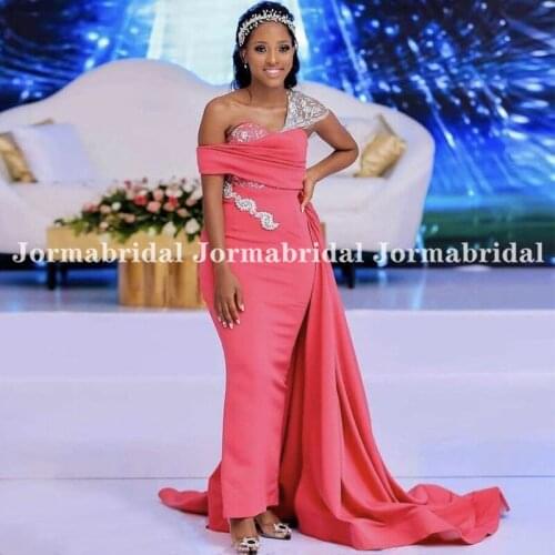 Watermelon Red Mermaid Evening Dresses With Shiny Beads Cap Sleeves One Off Shoulder Strap Long Ribbon Formal Evening Dress