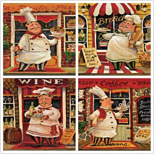 Free shipping cartoon figure chef food bread set oil painting canvas painting prints on canvas cafe wall art decoration pictures