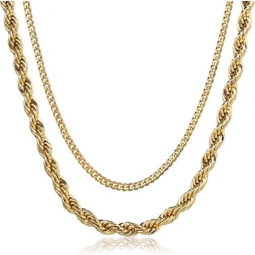 Gold Color Double Chains for Men Women Twisted Rope Curb Cuban Stainless Steel Necklace Chain Party Daily Wear Jewelry KN195604