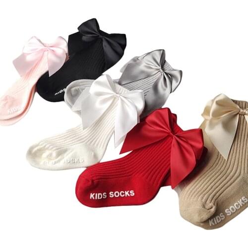 0-3Y Girl Kids Cotton Ribbed Socks Baby Anti-Slip Medium Tube Socks Bowknot Spring Autumn, Red/Light Gray/Khaki/Pink/White/Black