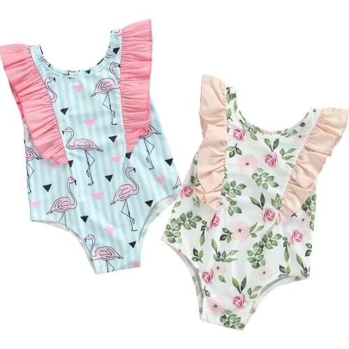 Kids Swimsuits, Girls Flamingo/ Flower Print O-Neck Sleeveless Swimwear for Summer, 6 Months-4 Years