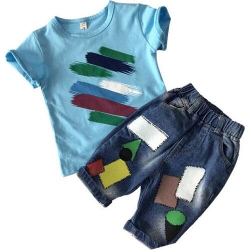DFXD Summer Children Clothes Boy Clothing Set New Top Quality Short Sleeve Print T-shirt+Jeans Pants 2pc Kids Boys Sets 2-8Y
