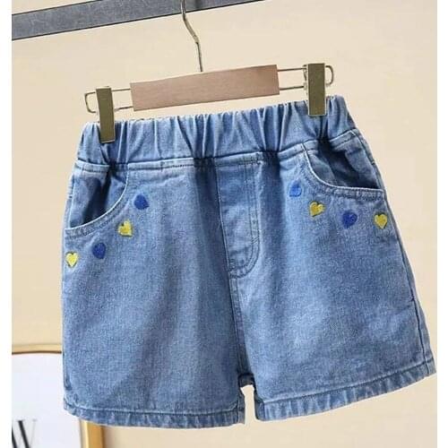 Teenager Girls Summer Denim Shorts Blue Pockets Heart Patern Short Jeans Pants Toddler 6 8 10 12 14 15Years Children Clothing