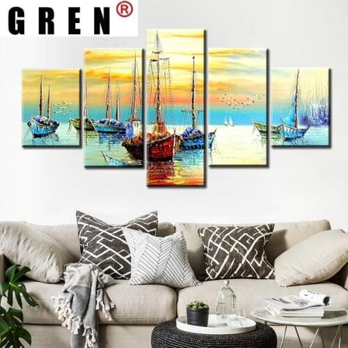 GREN 5 Panels Ship Boats Sailing Canvas Painting Pictures Canvas Paintings Print on Wall Art Pictures for Living Room Hoom Decor