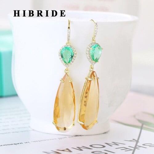 HIBRIDE Unique Trendy AAA Cubic Zirconia Pave Water Drop Shape Long Dangle Earrings for Women Jewelry Bijoux Femme E-521
