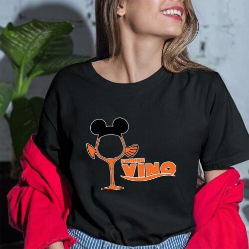 Summer Women T-shirts New VINO Letters Tshirts Fashion Disney Black Tees Dropship Korea Style Outdoor Wine Glass Princess Series