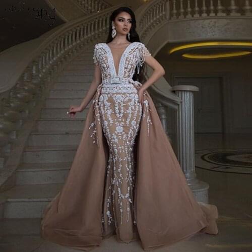 Moroccan Kaftan Evening Dresses Long Overskirt Removable Lace Appliques Gorgeous Special Occasion Formal Party Dress Beading