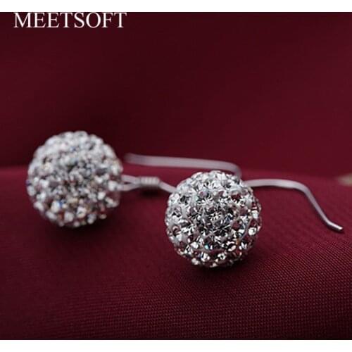 MEETSOFT Silver Plated Prevent Allergy Fashion Drop Earrings for Women Trendy Shambhala Crystal Ball Jewelry Gift