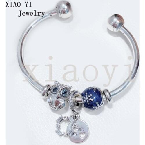 XIAOYI 2020 New 100% S925 Blue snowflake owl fragment personalized open bracelet suitable for European women party birthday