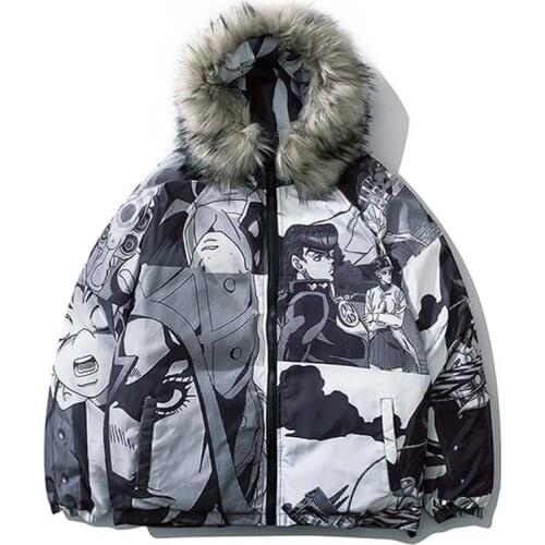 Men High Street Thick Hooded Parkas Cotton Padded Graffiti Anime Print Jacket Japanese Harajuku Casual Oversized Coats Couples