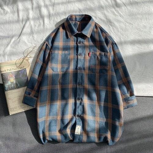 Japanese Style MensFashion Plaid Three-quarter Sleeve Shirt Classic Business Casual Professional Tooling Top Workwear Shirt