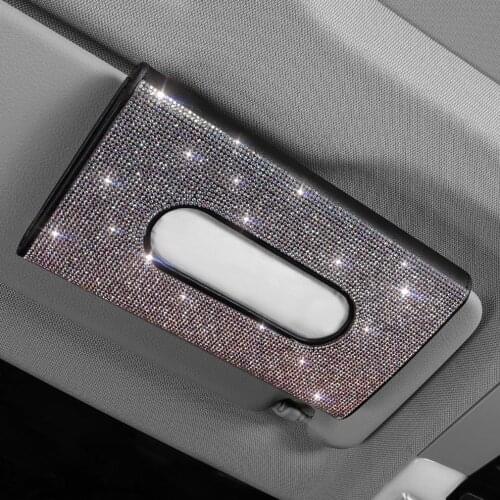 Bling Bling Diamond Car Tissue Box Visor Tissue Holder Hanging Leather Crystals Paper Towel Cover Case for Women Car Accessories
