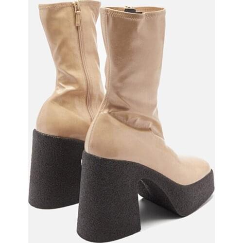 MUMANI Woman‘s Modern Boots Super High Heel 9CM Leather Retro Square Toe Square Heel Martin Boots Platform Stretch ANKLE Boots