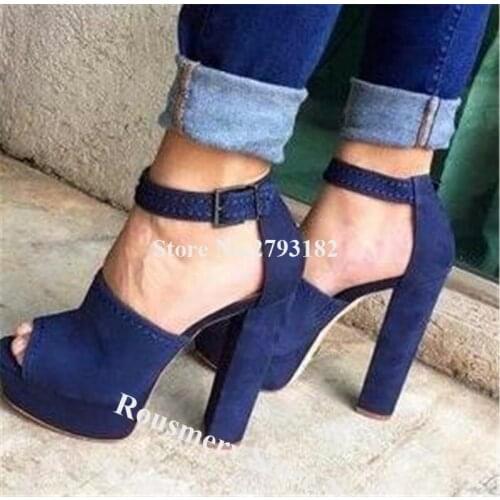 Women Fashion Peep Toe Suede Leather High Platform Chunky Heels Pumps Blue Ankle Strap Thick High Heels Formal Dress Heels