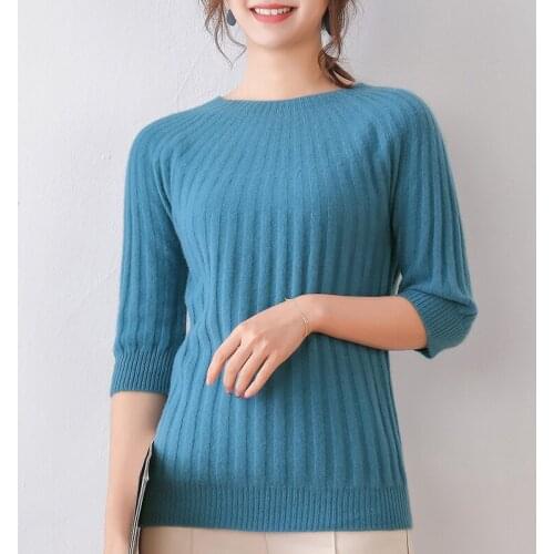 2020 Spring New Sweater for Women 100% Merino Wool Knitting Pullovers Female O-neck Half-Sleeve Standard Jumpers free shipping