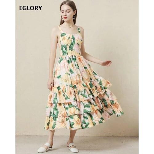 Strap Long Dress New 2021 Spring Summer High Quality Fashion Women Sweet Floral Print Cascading Ruffle Sexy Long Maxi Dress Club