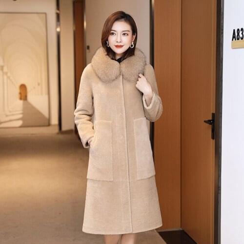 Long Sheep Shearing Vintage Jacket Women Winter Natural Fox Fur Collar Real Fur Coat Female 100% Wool Jackets Fur Top Hiver 9909
